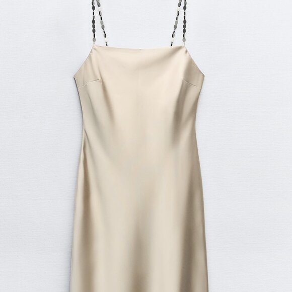 ZARA Beaded Strap Satin Effect Slip Dress Champagne Formal Glam Prom Party L - Picture 2 of 11
